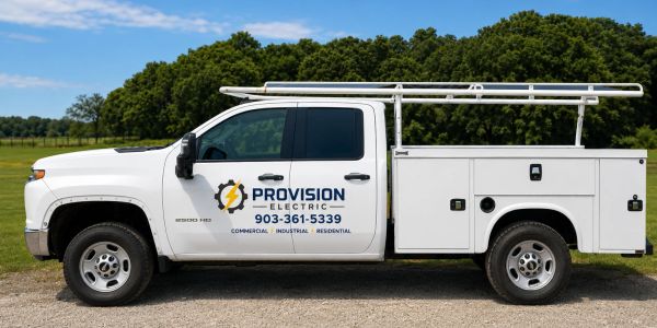 White utility truck with Provision Electric logo and contact information.