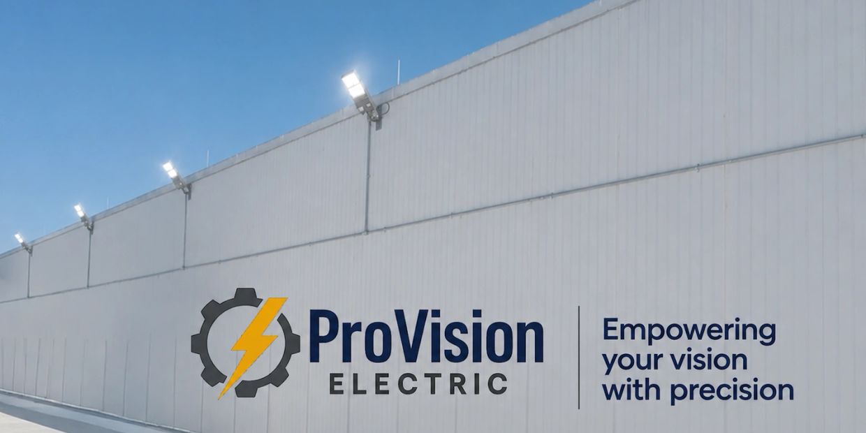 Logo of ProVision Electric with tagline on a building wall under clear sky.