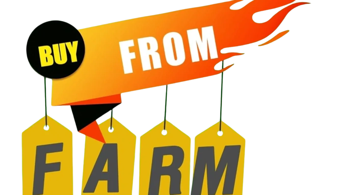 Bright 'Buy From Farm' promotional sign with flame design and price tags.