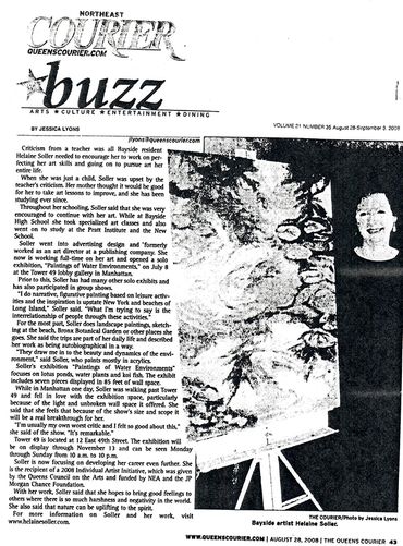 Queens Courier Buzz 2008 review of Helaine’s exhibit “Paintings of Water Environments” at Tower 49