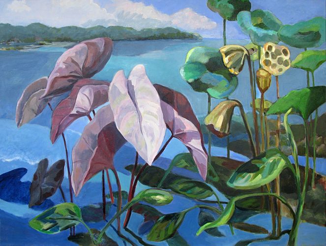 Acrylic painting of Taro and Lotus plants in a water environment with an embankment behind.