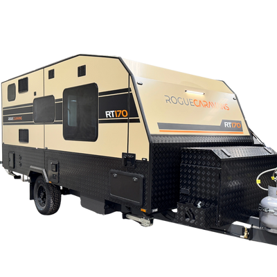 A beige and black Rogue Caravans RT170 travel trailer with rugged design.
