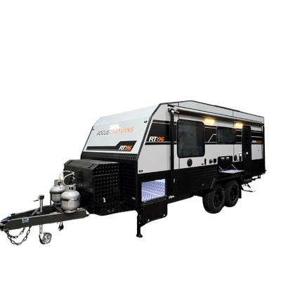 Modern black and white caravan with dual propane tanks and extended awning.