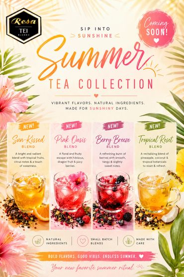 Summer tea collection featuring four new vibrant blends with tropical and fruity flavors.