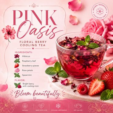 A vibrant cup of Pink Oasis floral berry cooling tea with fresh berries and petals.