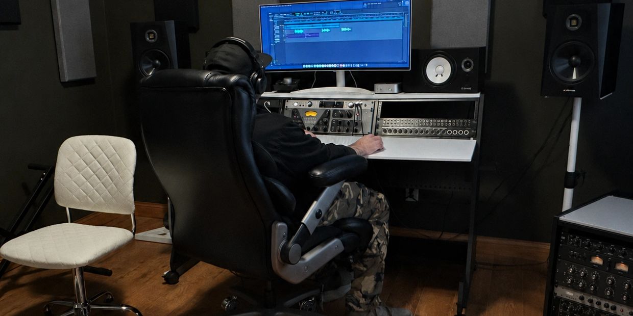 Person working on audio editing in a studio.