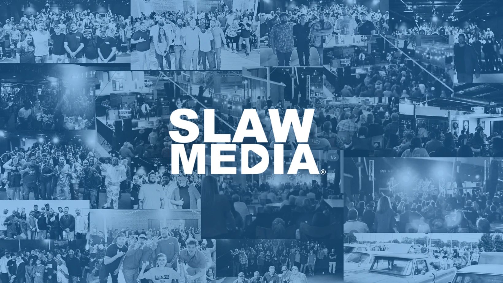Collage of group photos and events with Slaw Media logo in center.