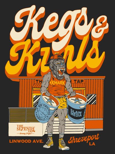 Illustration of a gorilla carrying kegs in front of The Sezenih Tap in Shreveport, LA.