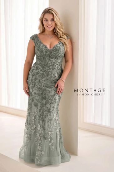 Elegant woman in lace evening gown.