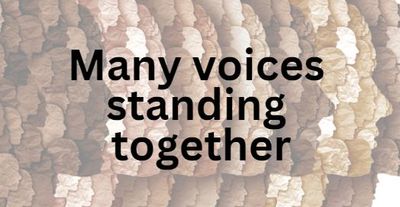 Diverse faces with the phrase 'Many voices standing together'.