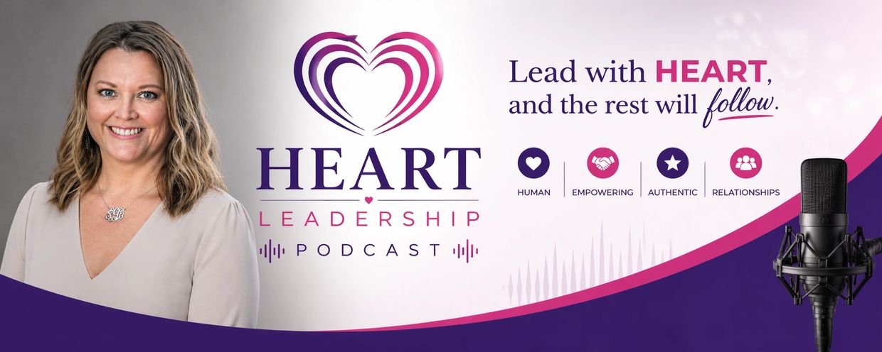 Promotional banner for Heart Leadership Podcast featuring a smiling woman and a microphone.