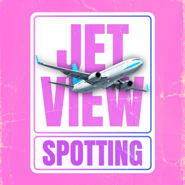 Airplane flying over text 'Jet View Spotting' on a pink background.