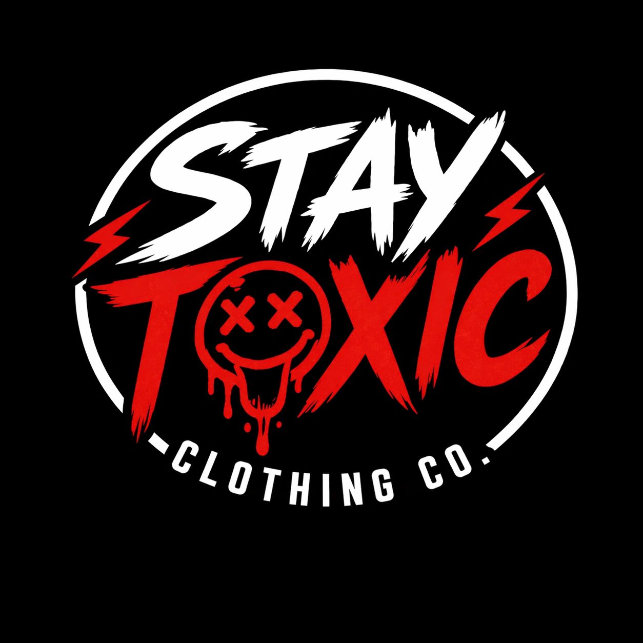 Edgy logo with text 'Stay Toxic Clothing Co.' and a dripping smiley face.
