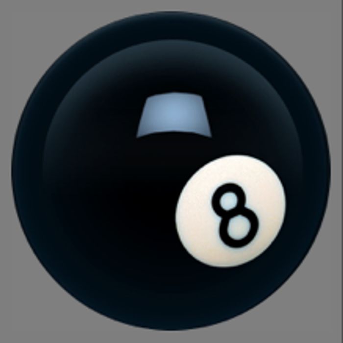 A shiny black billiard 8 ball on a gray background.