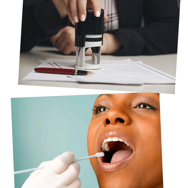 Notary Stamp and mouth swab. 