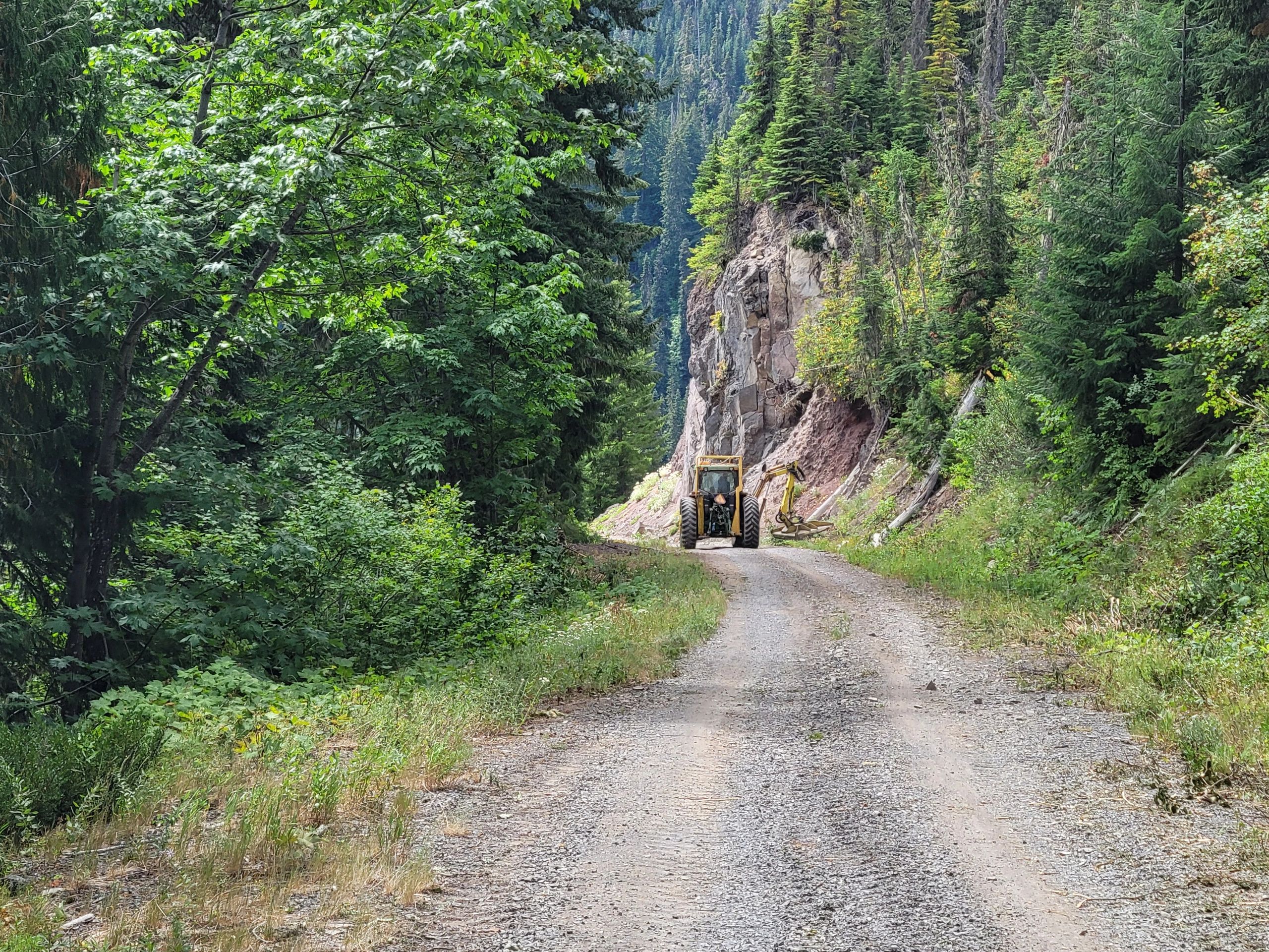 A tractor working on a gravel forest road near rocky cliffs.