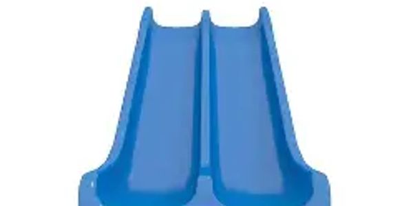 Blue double slide playground equipment against a white background.