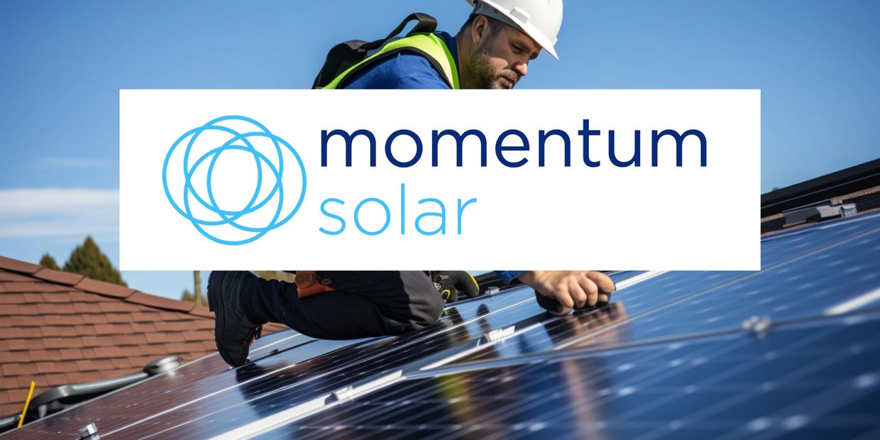 A man installing solar panels on a roof with the Momentum Solar logo on top