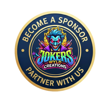 Circular badge inviting to become a sponsor for Jokers Wyld Creations.