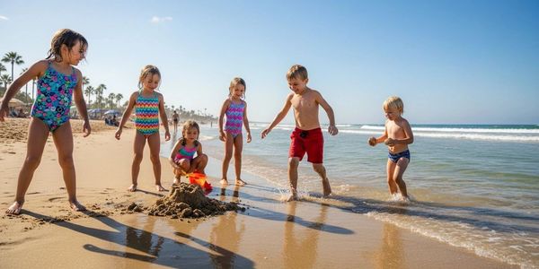 Children playing and building a sandcastle on the beach under clear skies.