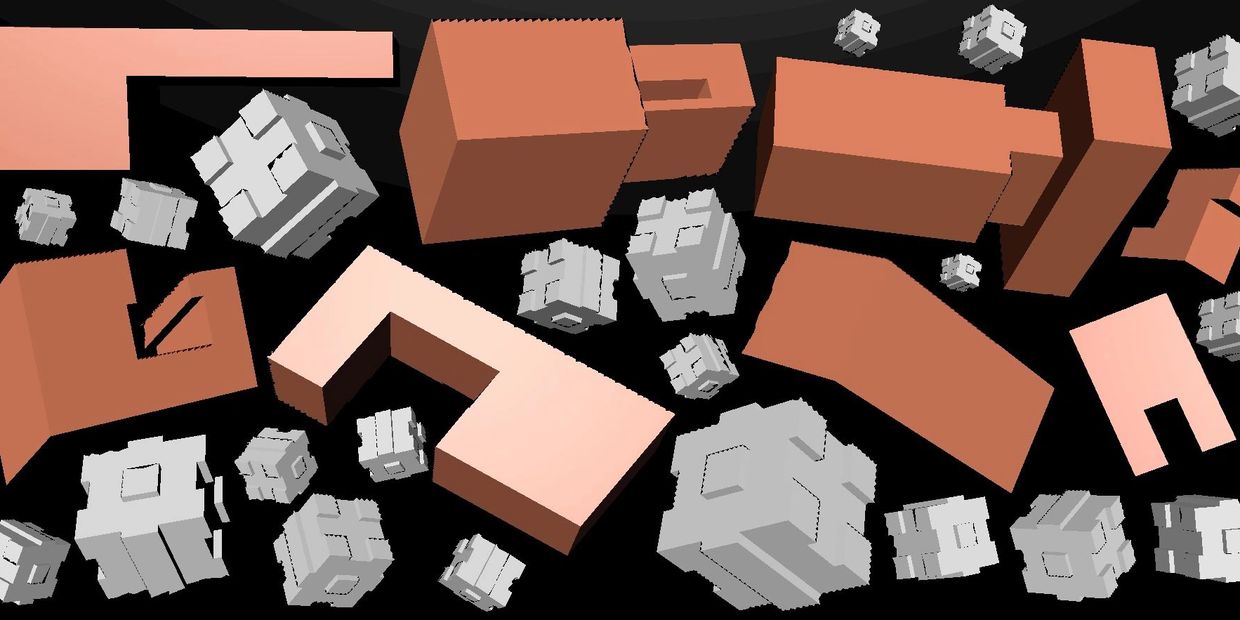 3D abstract geometric shapes in white and terracotta colors.