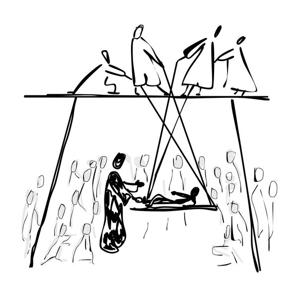 Sketch of a ritual with figures manipulating a person on a suspended platform.