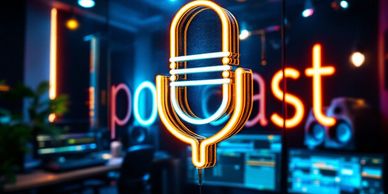 Micrófono de neón en estudio de podcast.