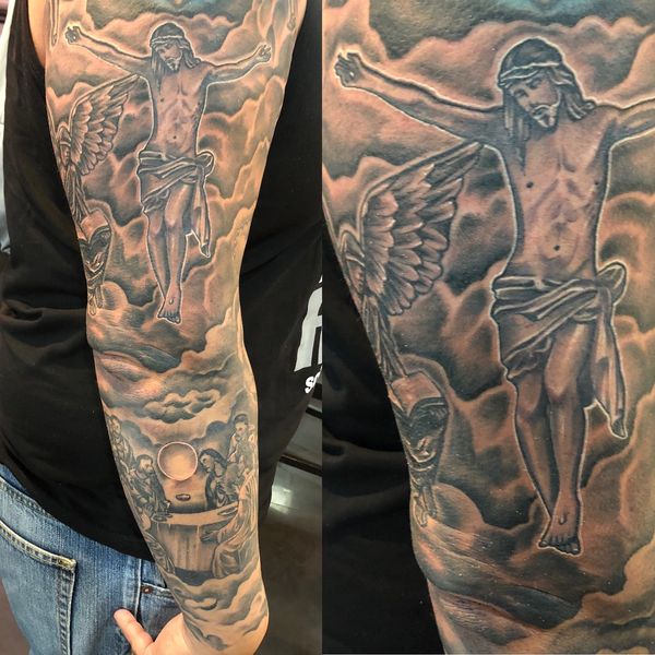 religious tattoo sleeve with Jesus
