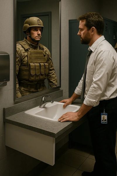 Veteran facing mirror in military uniform while wearing civilian clothes, symbolizing burnout recovery, military transition support, and purpose coaching.