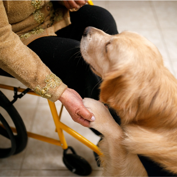Woman in wheelchair holding dog's paw