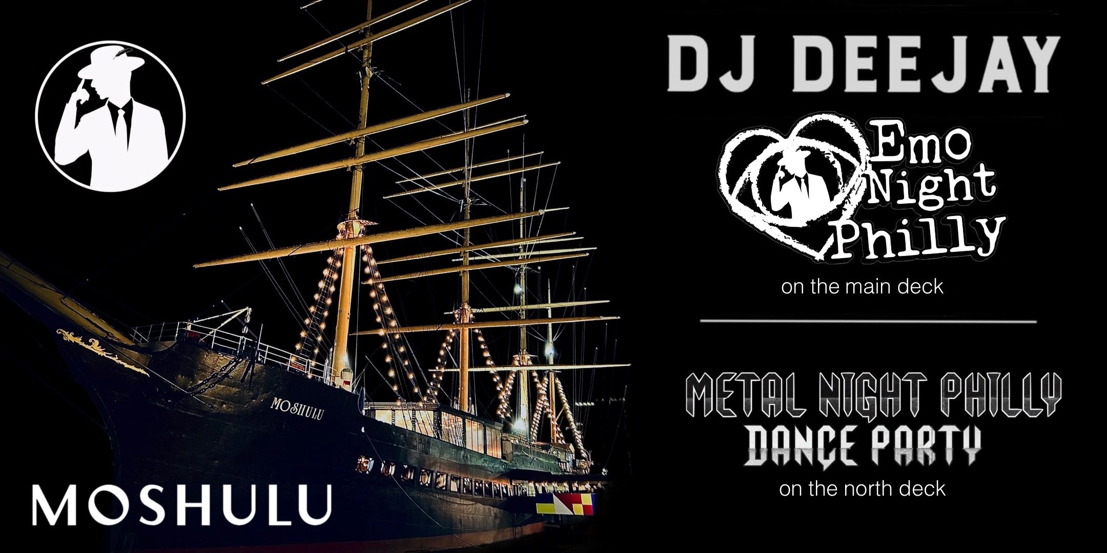 Night event poster with ship and DJ details.