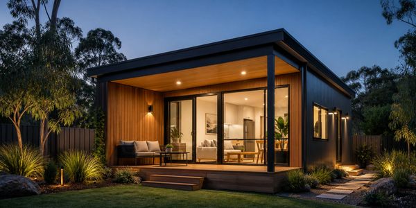 Contemporary Australian granny flat exterior at dusk with warm interior lighting.