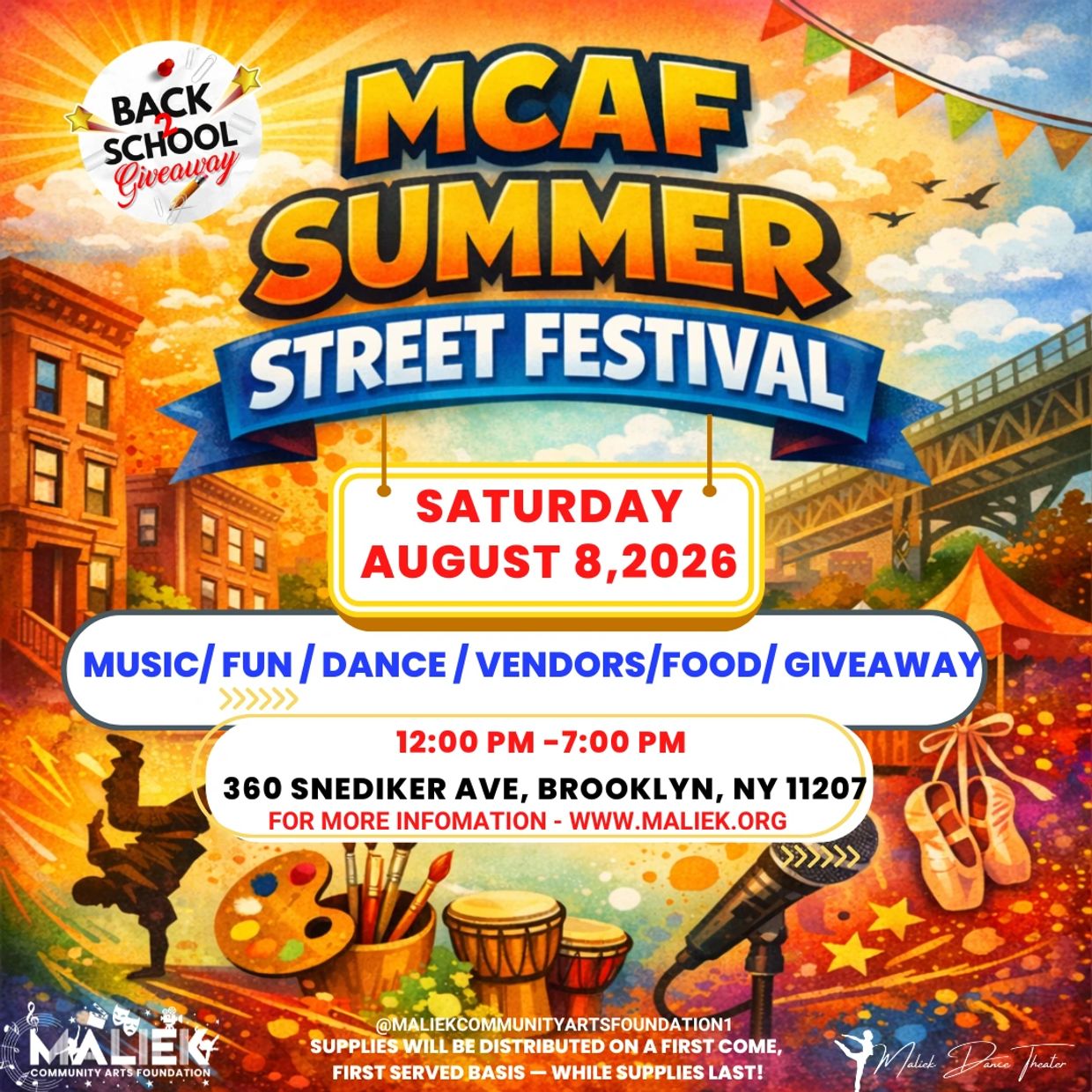 MCAF Summer Street Festival on August 8, 2026, with music, dance, food, and giveaways in Brooklyn.