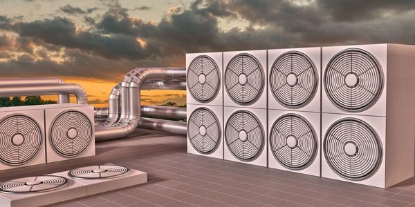 HVAC (Heating, Ventilating, Air Conditioning) units on roof at sun set. 3D illustration.