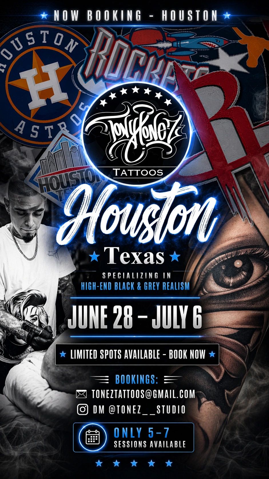 Tattoo artist booking in Houston specializing in black and grey realism from June 28 to July 6.