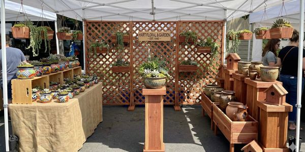 A floral and garden market stall with succulents and pottery.