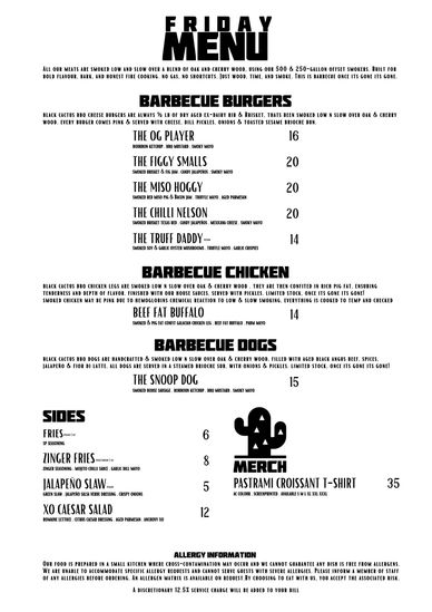Friday menu featuring barbecue burgers, chicken, dogs, sides, and merch.
