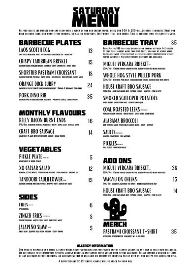 Barbecue menu with plates, sides, and merch including brisket, ribs, and sauces.