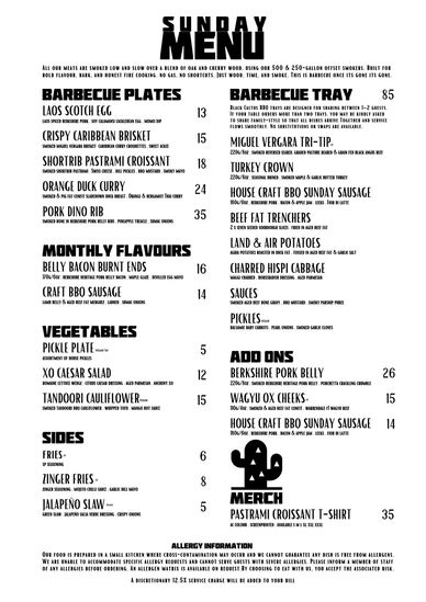 Barbecue menu featuring plates, sides, vegetables, and add-ons with detailed descriptions and prices.