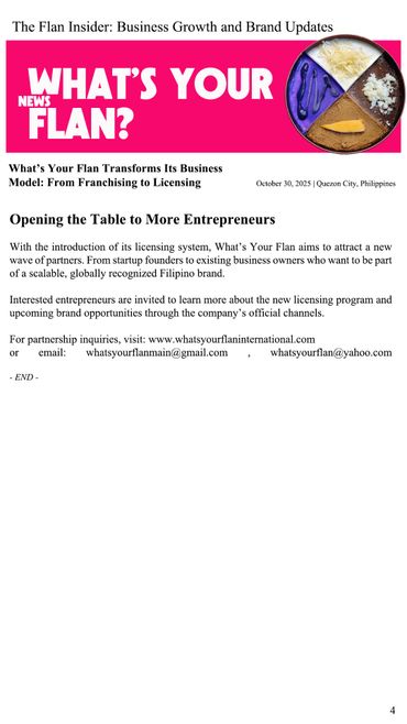 Announcement of What's Your Flan's new licensing business model and partnership opportunities.