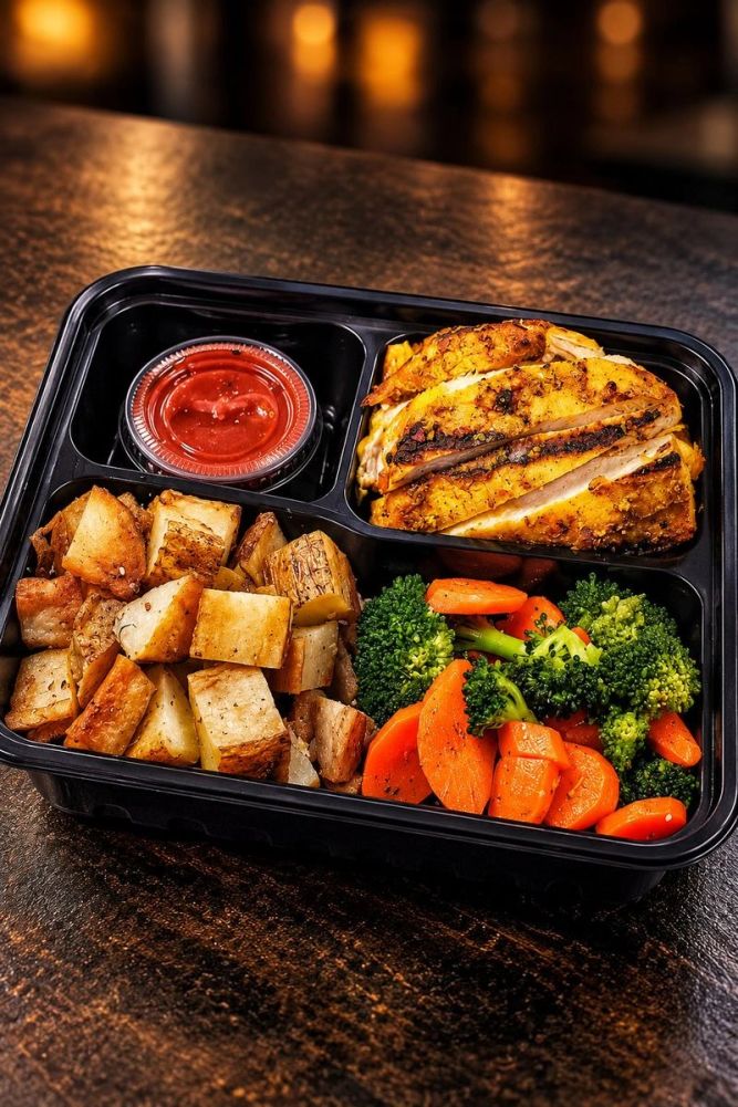 CEK meal prep box: turmeric chicken, roasted potatoes, broccoli and carrots