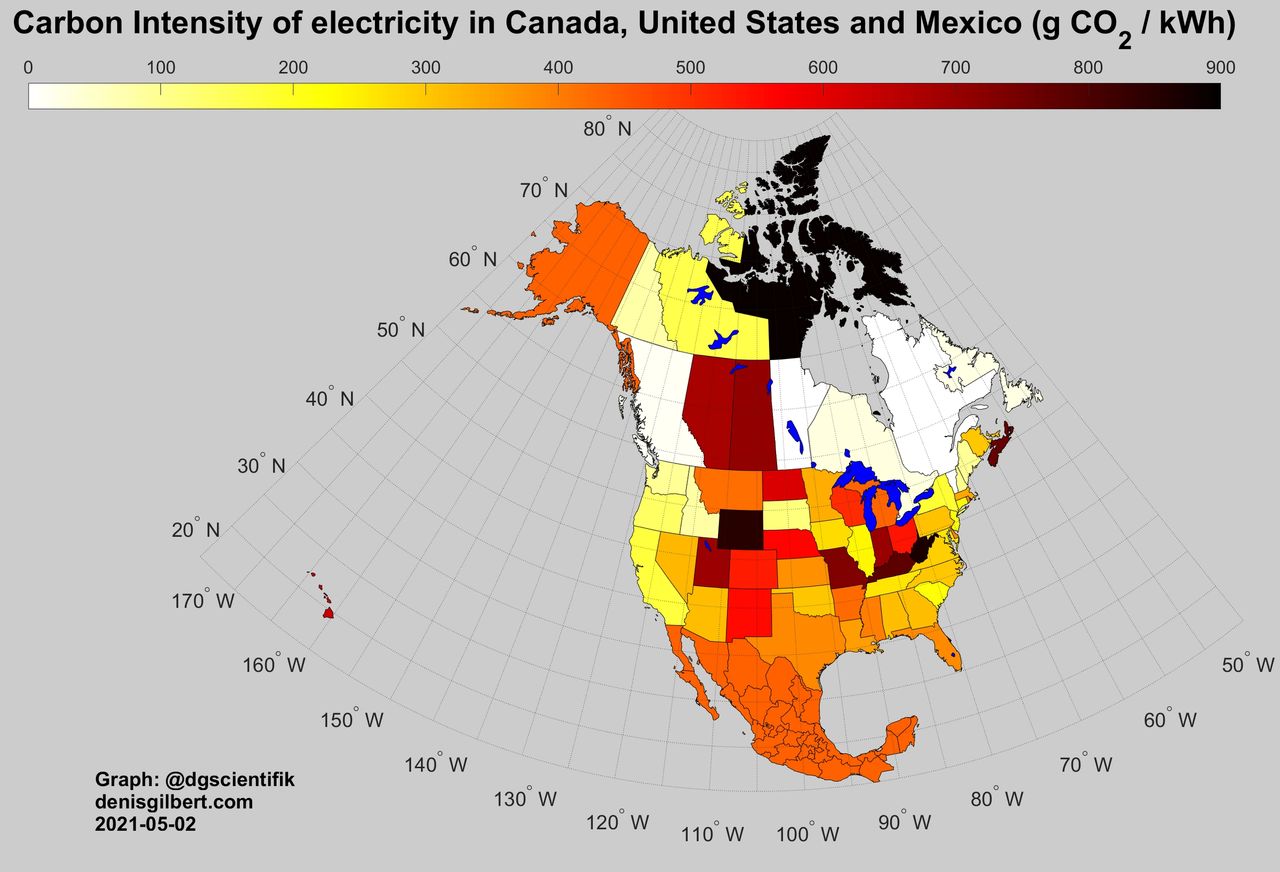Carbon intensity of electricity in Canada, Mexico, and the USA