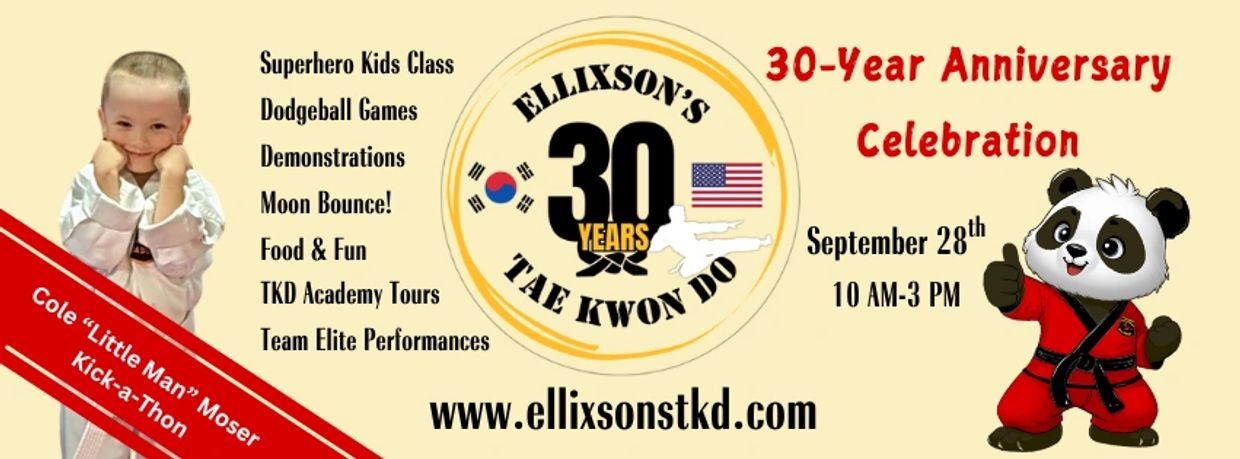 Ellixson's 30-Year Tae Kwon Do Anniversary with activities, a young martial artist, and a panda mascot.