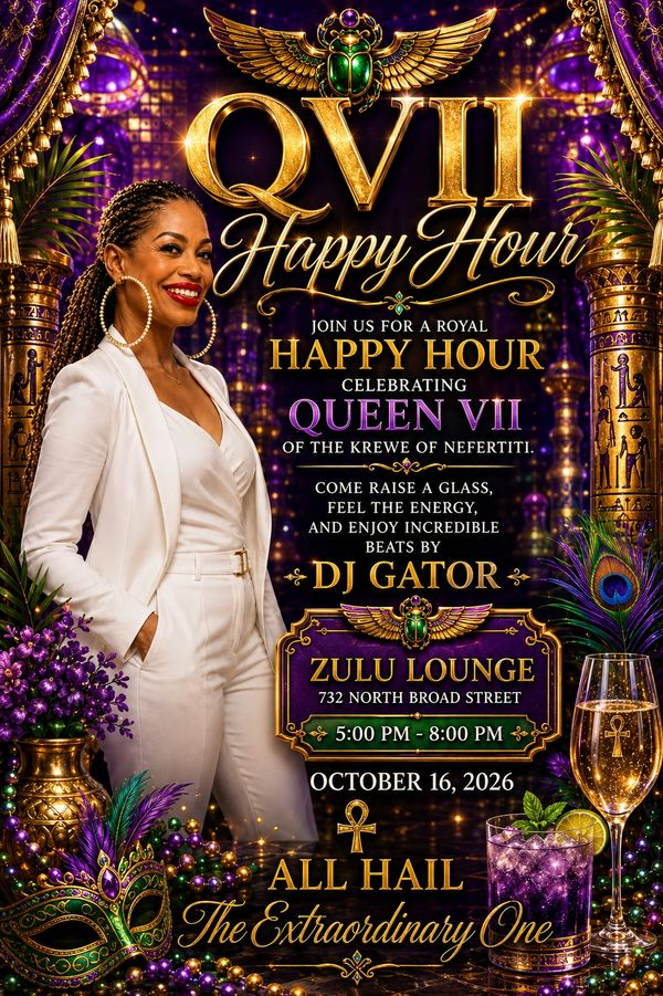 Elegant woman promoting QVII Happy Hour event at Zulu Lounge with DJ Gator.