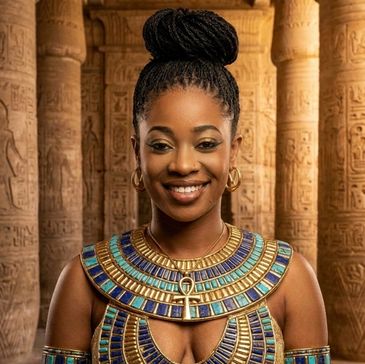 Smiling woman in ancient Egyptian attire.