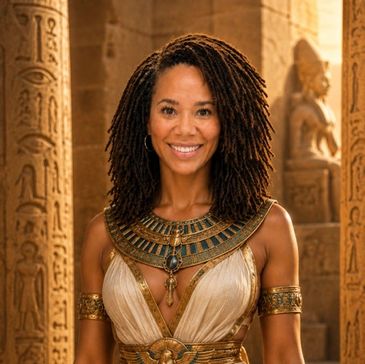 Woman dressed in Ancient Egyptian attire smiling.