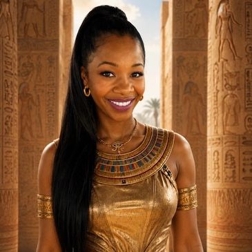 Woman in ancient Egyptian-inspired gold attire with a bright smile.