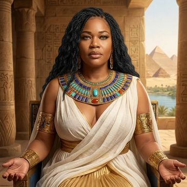 Woman dressed in ancient Egyptian attire with pyramids in background.