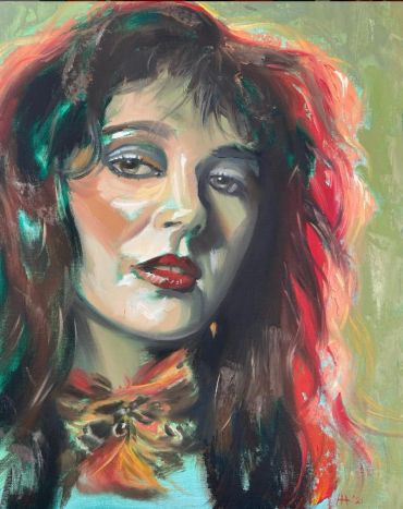 Portrait painting of a woman with expressive colors.
