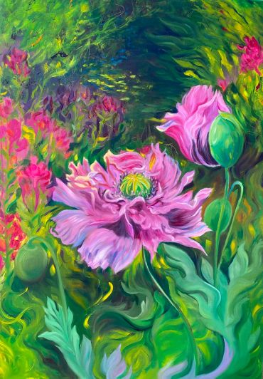 Vibrant floral painting with pink flowers and lush greenery.